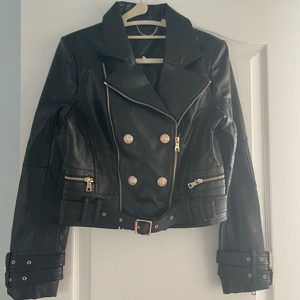 Black leather biker jacket Womens